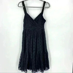 DKNY Donna Karan Black Lace V Neck Pleated Fit Flare Formal Dress Women’s Size 8